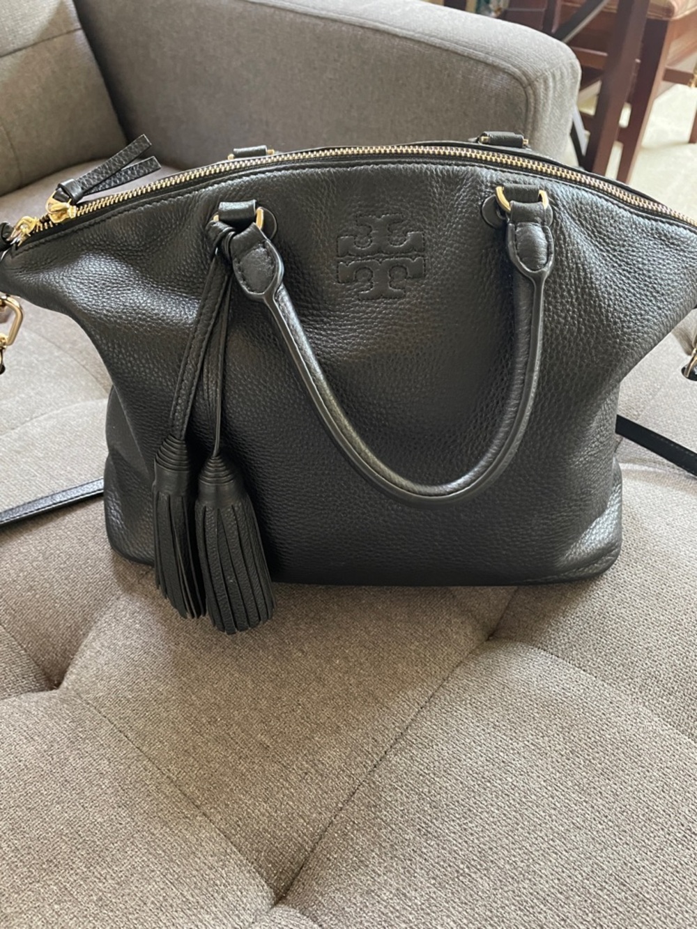 Tory Burch Black Pebbled Leather Tassel Satchel
